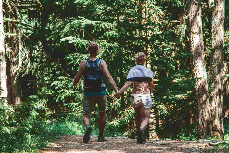 Couple walking on a forest trail